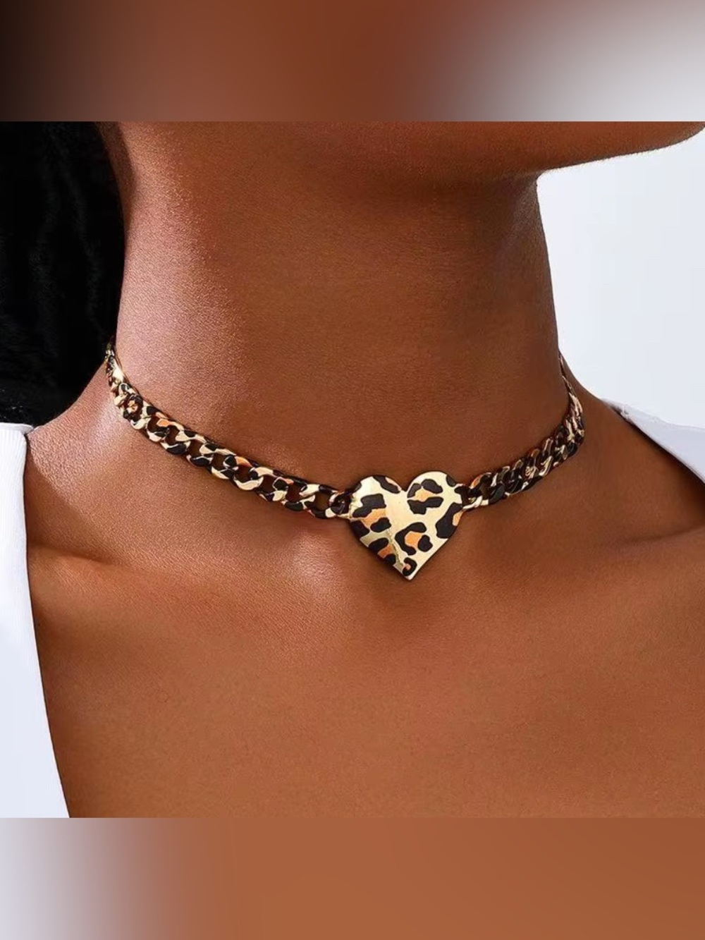 Leopard Heart Choker Necklace - Gold Tone